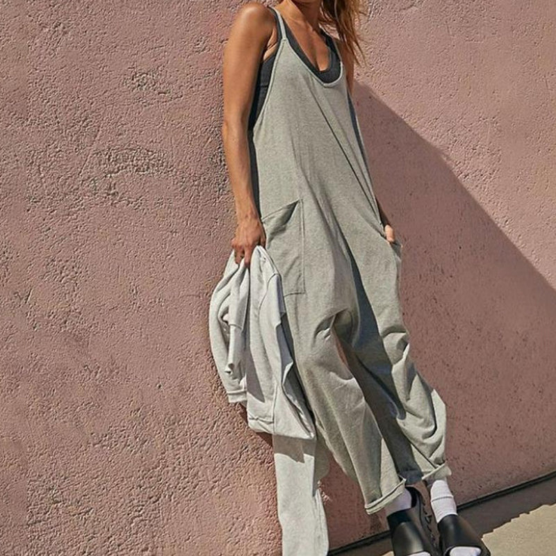 Enfärgad V-Neck Sling Pocket Jumpsuit