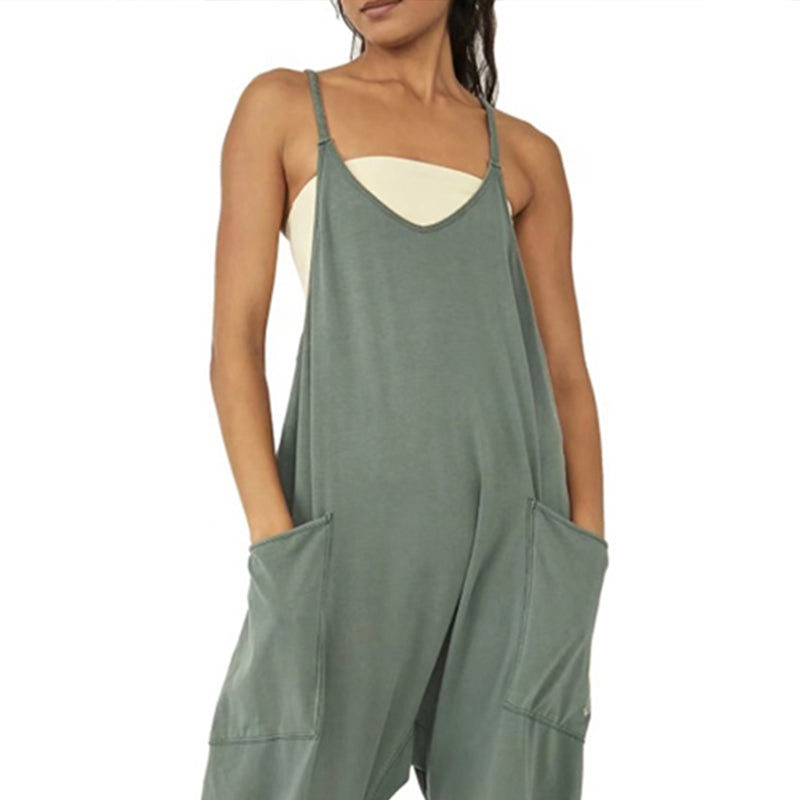 Enfärgad V-Neck Sling Pocket Jumpsuit