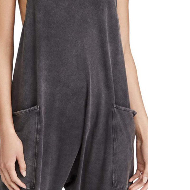 Enfärgad V-Neck Sling Pocket Jumpsuit