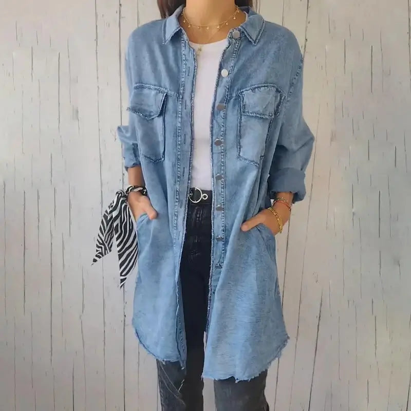 Denim Casual Lång Skjorta Jacka