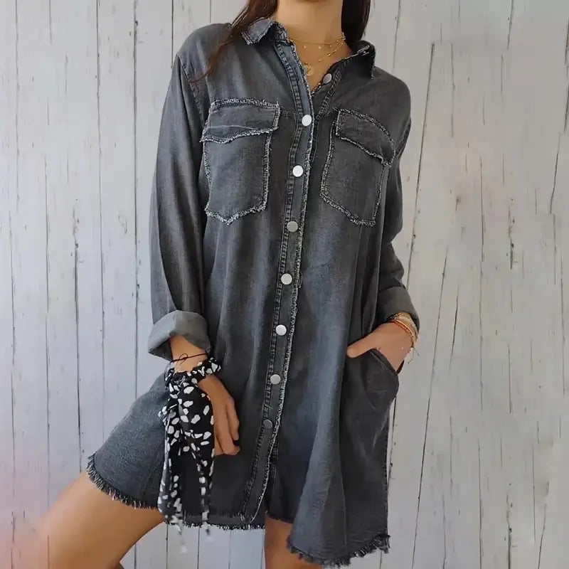 Denim Casual Lång Skjorta Jacka