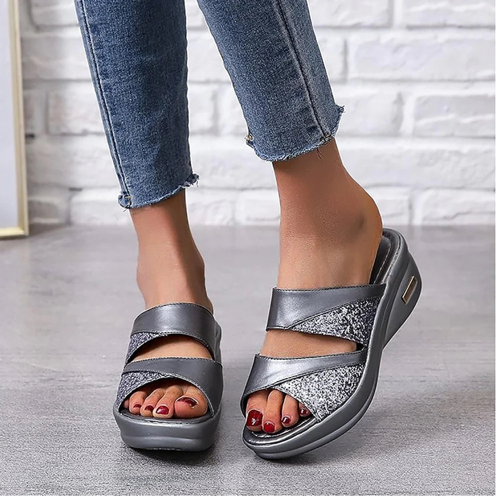 Fleekcomfy Glitter Arch Support Wedge Platform Sandals