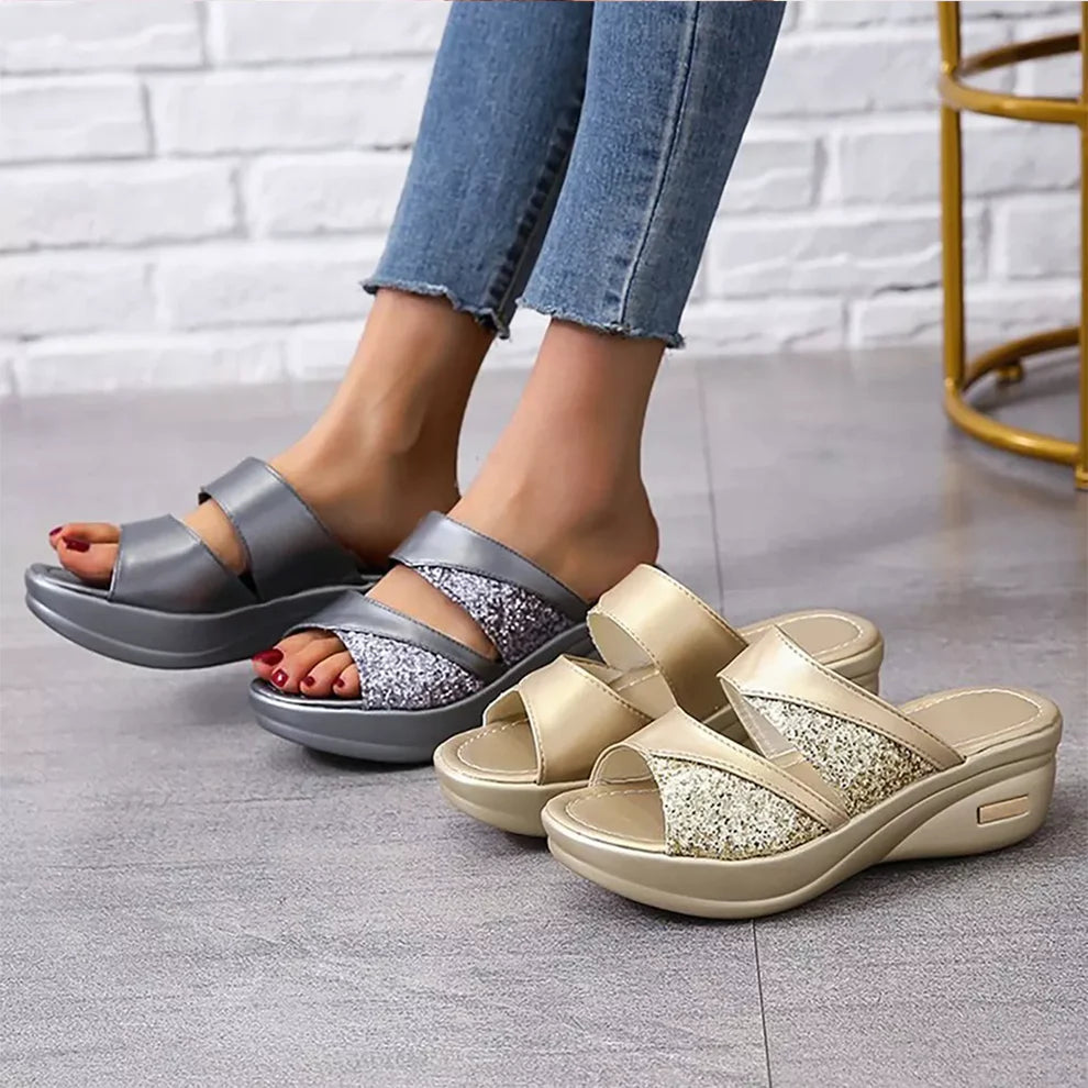 Fleekcomfy Glitter Arch Support Wedge Platform Sandals