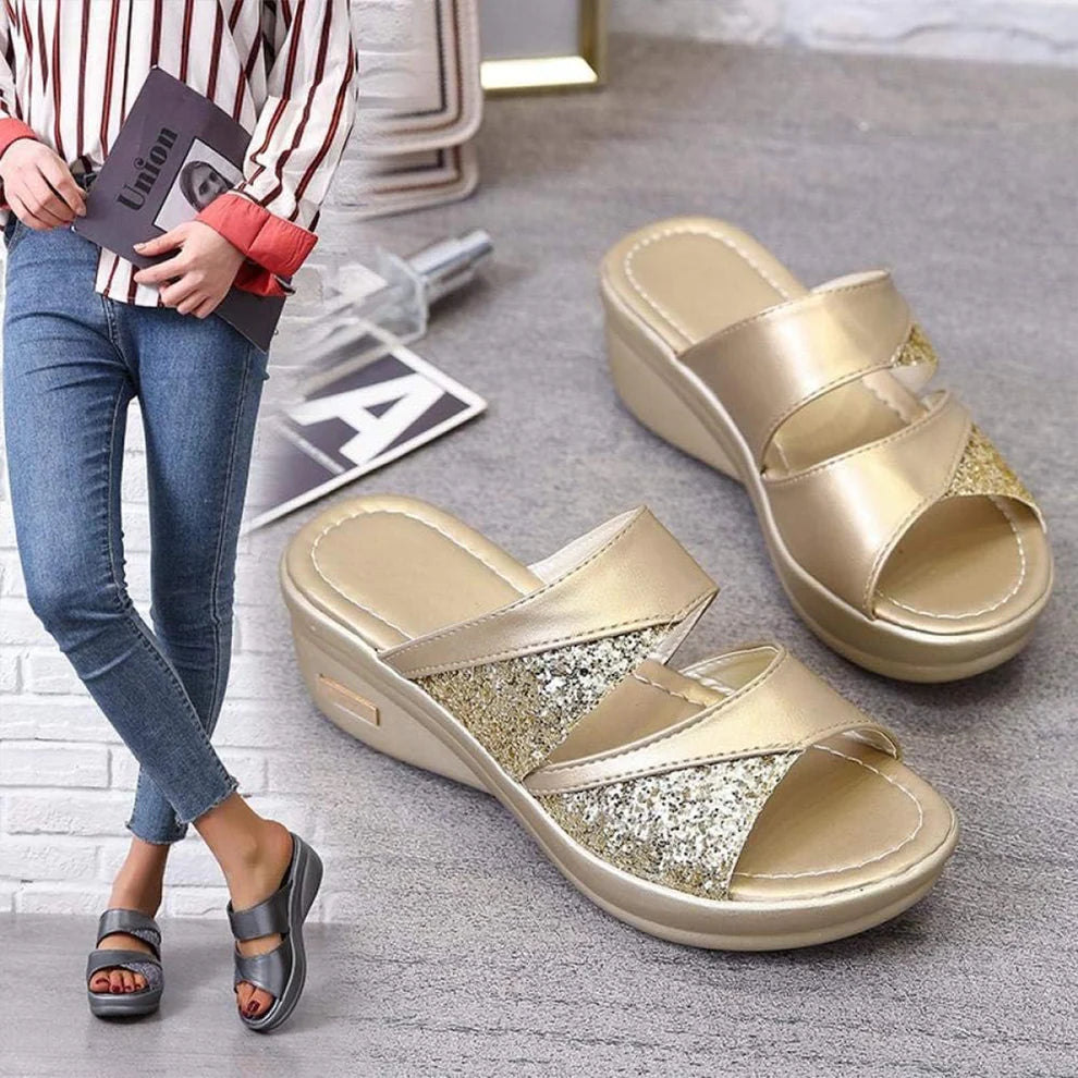 Fleekcomfy Glitter Arch Support Wedge Platform Sandals