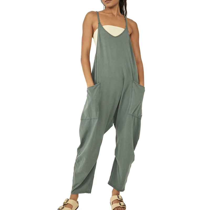 Enfärgad V-Neck Sling Pocket Jumpsuit