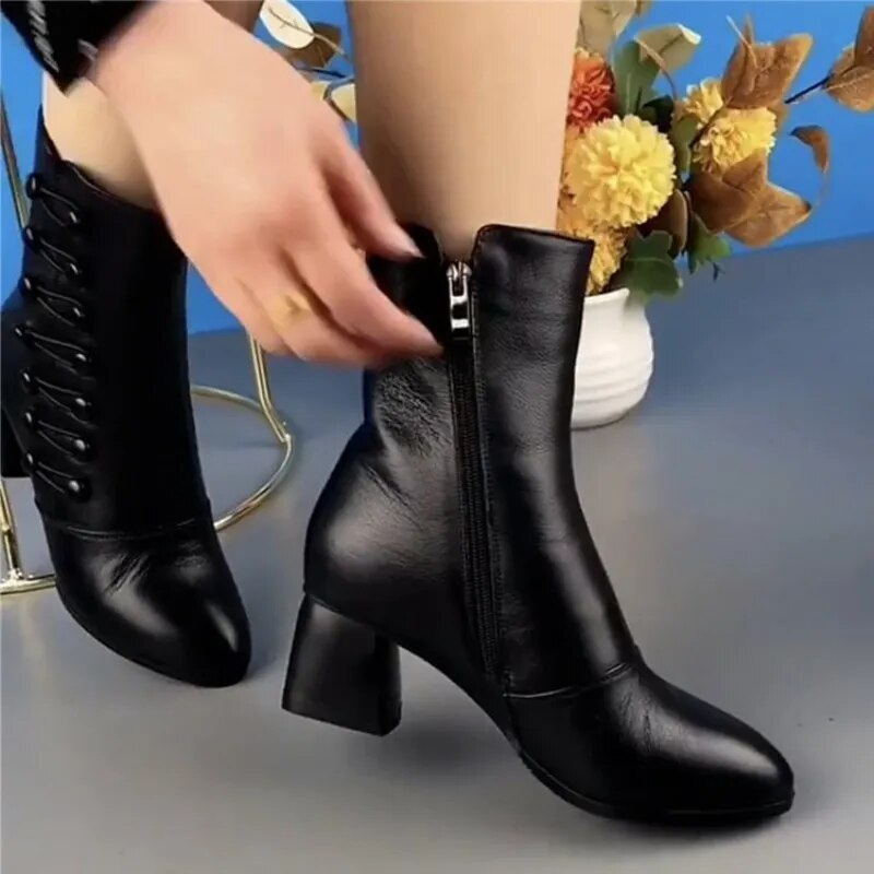 Calevina Dam Warm Side Button Läder Ankle Boots