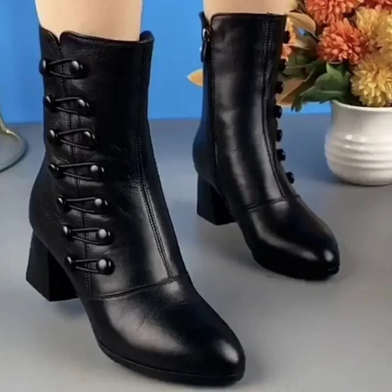 Calevina Dam Warm Side Button Läder Ankle Boots