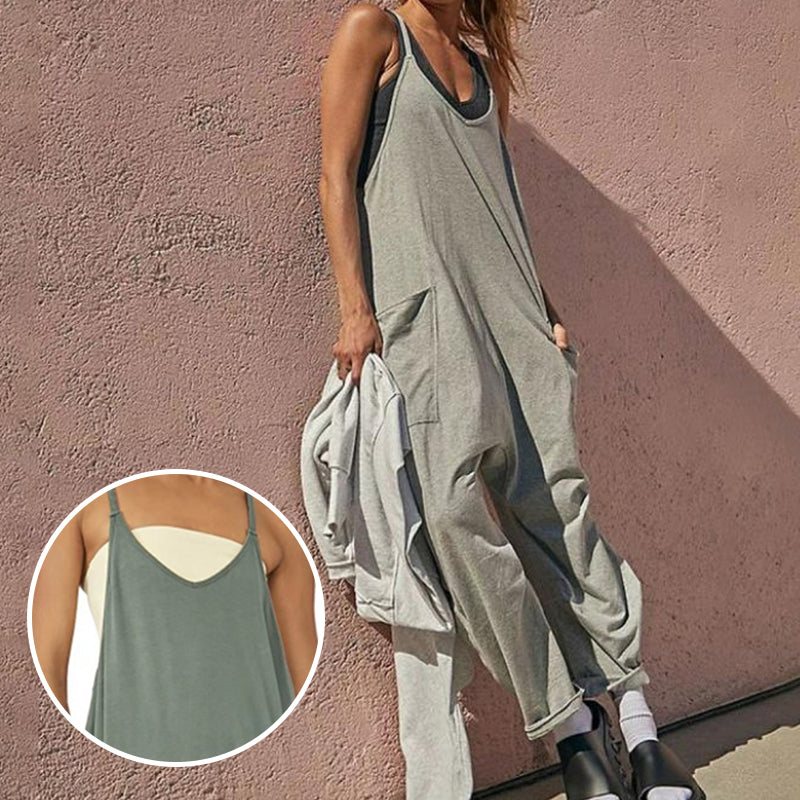 Enfärgad V-Neck Sling Pocket Jumpsuit